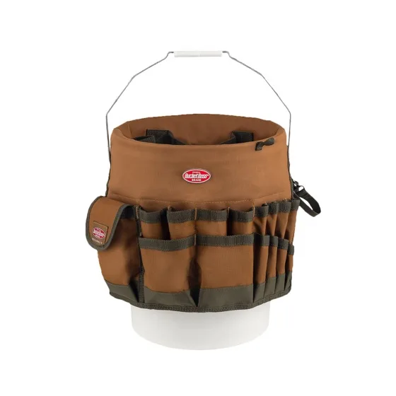 Bucket Boss Bucketeer brown bucket tool organizer fitted over a white 5-gallon bucket