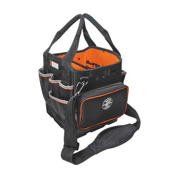 Klein Tools Tradesman Pro 10-inch tool tote with orange interior and padded shoulder strap