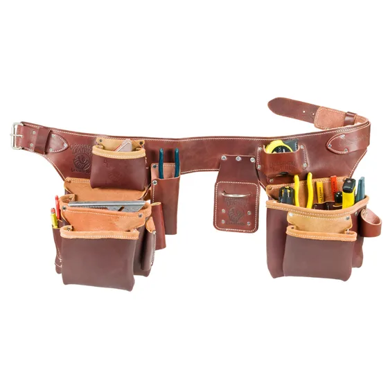 Leather tool belt loaded with tools