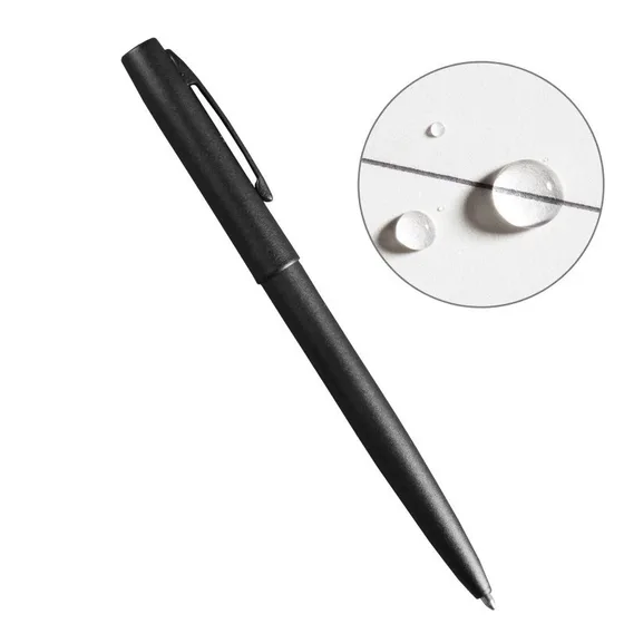 Rite in the Rain No. 97 black metal clicker pen beside a line of ink under water droplets